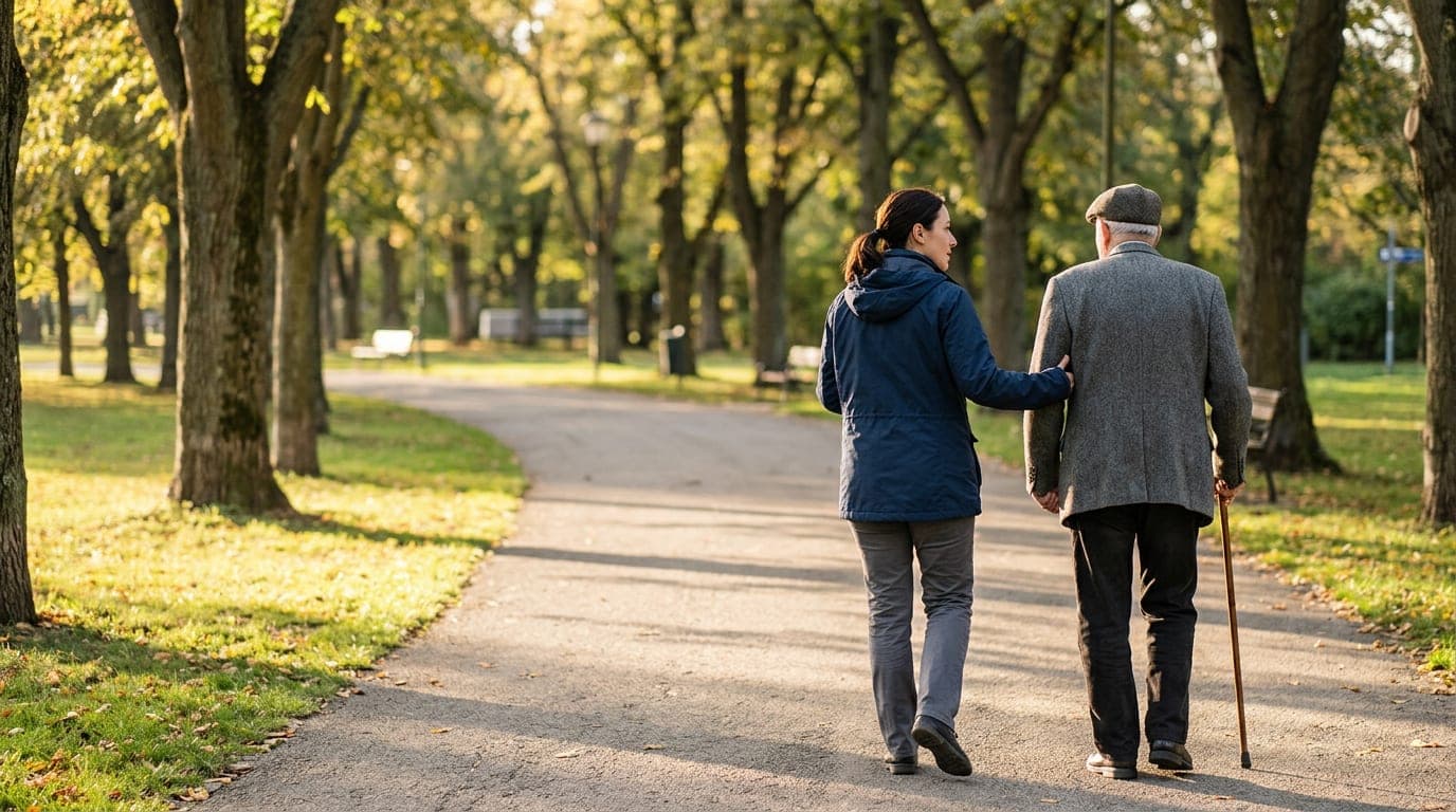 A caregiver and older adult walk together on a tree-lined path in a park during daytime.